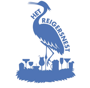 Logo Het Reigersnest: een blauwe reiger op een nest van glazen